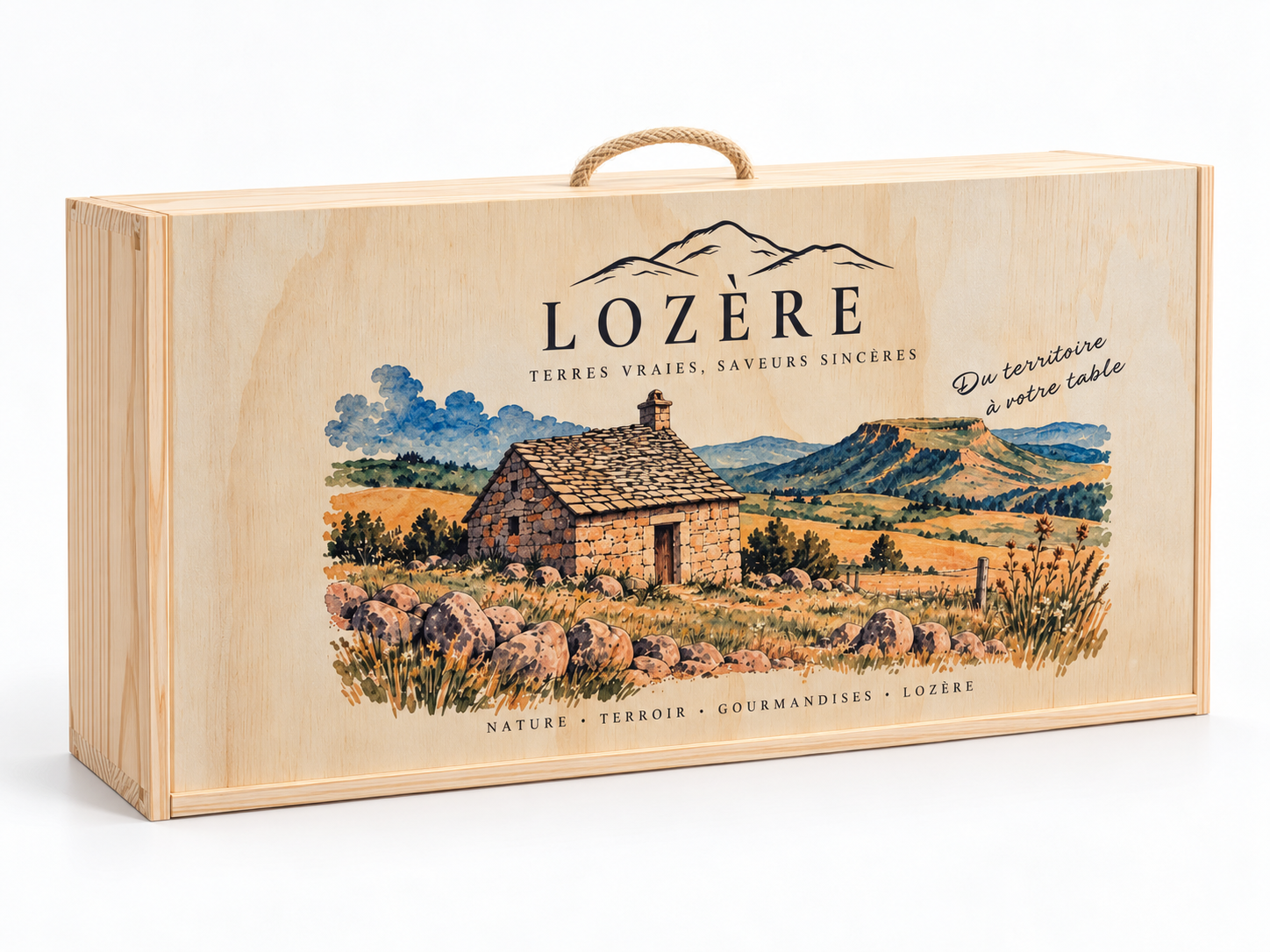 Grande caisse en bois Lozère fermée, avec sa poignée en corde et son paysage illustré